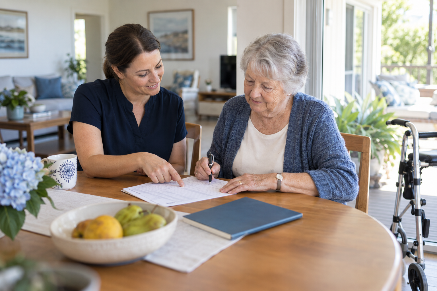 An older woman and an occupational therapist discussing everyday support at home